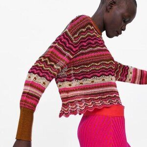 Zara Crochet Open Weave Stripe Crop Knit Sweater Size M EUC